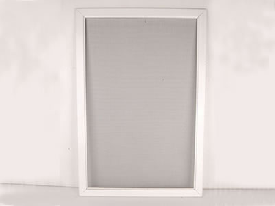 Fiberglass window screen is applied on a white PVC frame.